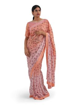 Journal By Pranay - Peach Printed Muslin Silk Saree With Stitched Blouse