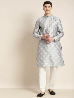 SOJANYA - Men Jacquard Silk Grey Self Design Kurta with Off White Churidar Pyjama (Set of 2)