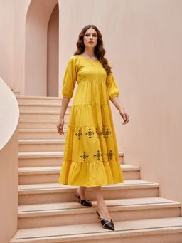 PURVAJA - Women Layered Midi Puff Sleeve Round Neck Solid Dress