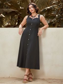 PURVAJA - Women Shirt Style Midi Sleeveless Square Solid Dress