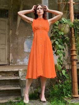 PURVAJA - Women Pleated Knee Length Sleeveless Stand Collar Solid Dress