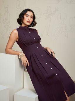 PURVAJA - Women Pleated Knee Length Sleeveless Stand Collar Solid Dress