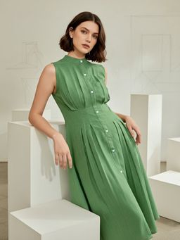 PURVAJA - Women Pleated Knee Length Sleeveless Stand Collar Solid Dress
