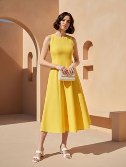 PURVAJA - Women Midi Knee Length Sleeveless Round Neck Solid Dress