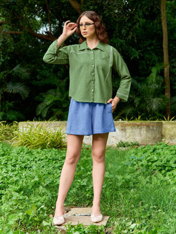 PURVAJA - Women Green Linen Collar Neck Casual Shirt