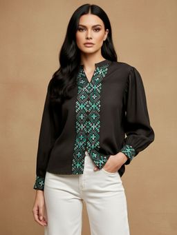 PURVAJA - Women Brown Linen Mandarin Neck Casual Shirt
