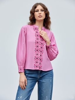 PURVAJA - Women Pink Linen Mandarin Neck Casual Shirt