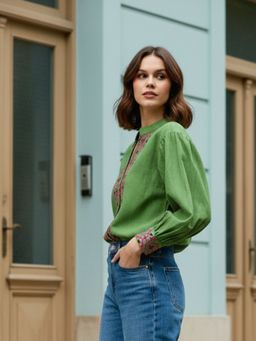 PURVAJA - Women Green Linen Mandarin Neck Casual Shirt