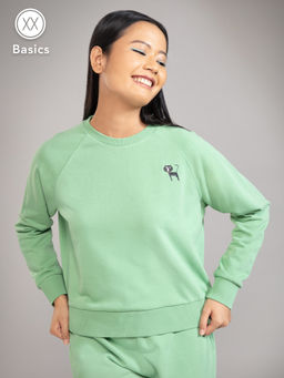 Twenty Dresses by Nykaa Fashion - Basics Green Cat Print Crew Neck Sweatshirt