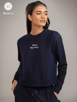 Twenty Dresses by Nykaa Fashion - Basics Navy Blue Solid Crew Neck Sweatshirt