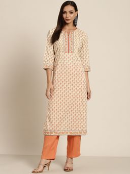 Rain & Rainbow - Women Cream and Red Pure Cotton Printed Kurta