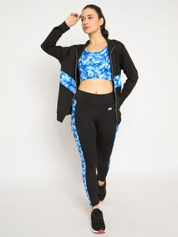 Clovia - Women Blue Printed Sports Bra with Jacket and Tights (Set of 3)