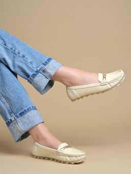 Shoetopia - Women Cream Slip-On Loafers
