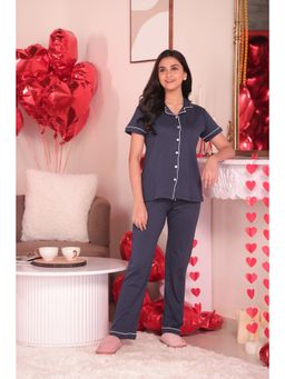NAP STORY - Navy Blue Half-Sleeves Solid Shirt and Pyjama (Set of 2)