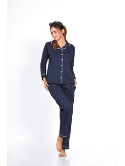 NAP STORY - Navy Blue Full-Sleeves Solid Shirt and Pyjama (Set of 2)