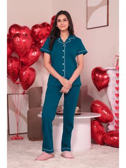 NAP STORY - Teal Blue Half-Sleeves Solid Shirt and Pyjama (Set of 2)