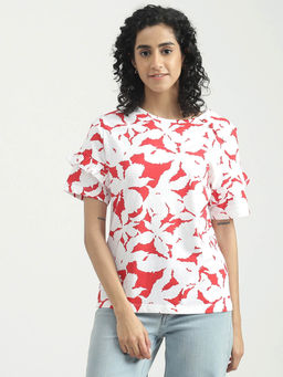 United Colors of Benetton - Cotton Camouflage Round Neck Women Red Top