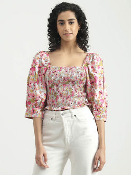 United Colors of Benetton - Viscose Blend Printed Square Neck Women Multi Color Top