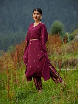 Ahalyaa - Crepe Maroon Glitter Print Kaftan With Pant (set Of 2)