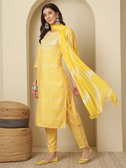 ANAISA - Women Cotton Yellow Printed Kurta with Trouser and Dupatta (Set of 3)