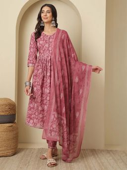ANAISA - Women Cotton Printed Nayra Cut, Round Neck Kurta with Trouser and Dupatta (Set of 3)
