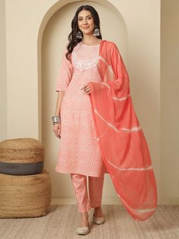 ANAISA - Women Cotton Printed Yellow Straight Kurta with Trouser and Dupatta (Set of 3)