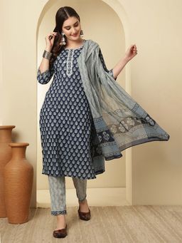 ANAISA - Women Cotton Printed Blue Straight Kurta with Trouser and Dupatta (Set of 3)