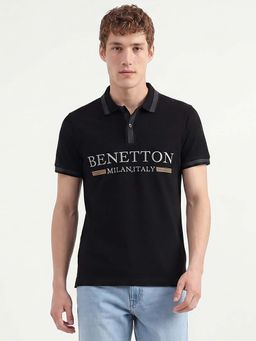 United Colors of Benetton - Men Black Regular Fit Typography Polo T-shirt