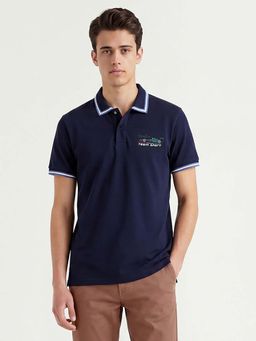 United Colors of Benetton - Men Navy Blue Regular Fit Polo Neck T-shirt