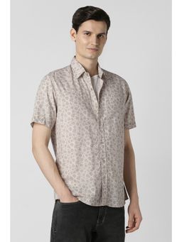 Peter England - Men Beige Slim Fit Printed Half Sleeves Casual Shirt