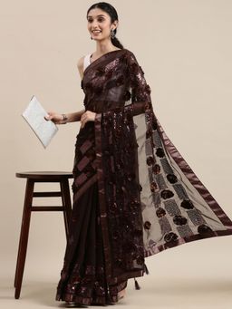 Vastranand - Coffee Brown Striped Sequinned Floral Applique Saree with Unstitched Blouse