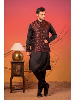 Rangkathaa - Black Jacquard Kurta with Maroon Diamond Weave Nehru Jacket and Trousers Set