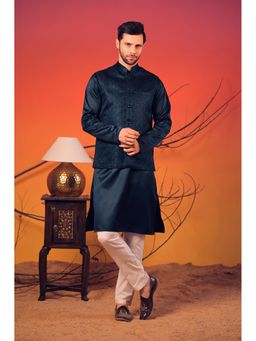 Rangkathaa - Blue Silk Kurta with Matching Jacquard Nehru Jacket and White Trousers Set