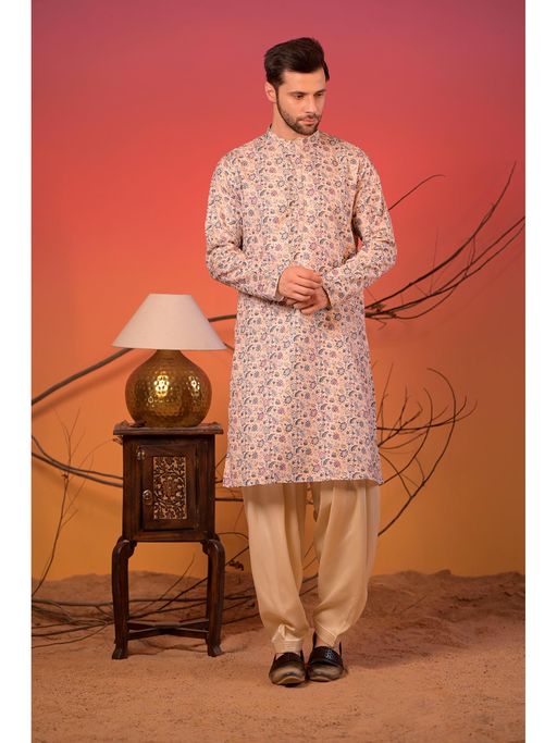 Rangkathaa Beige Floral Printed Cotton-Silk Kurta with Golden Zari Work and Cream Salwar Set