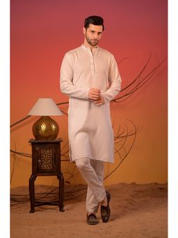 Rangkathaa - White Self-Textured Cotton Jacquard Kurta and Trousers Set