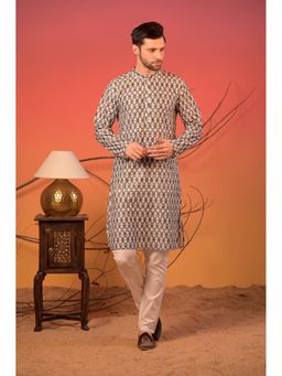 Rangkathaa - Multicolour Cotton Jacquard Kurta with Dark Blue Pattern and Trousers Set