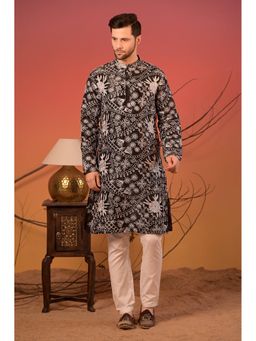 Rangkathaa - Black Silk Kurta with White Thread Embroidery and Trousers Set