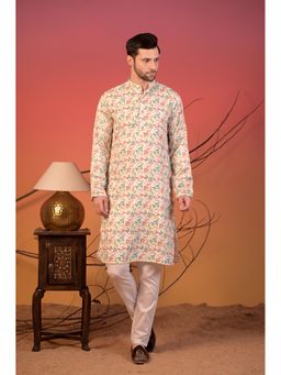 Rangkathaa - Cotton Silk Kurta with Multicolour Leaf Print and Trousers Set