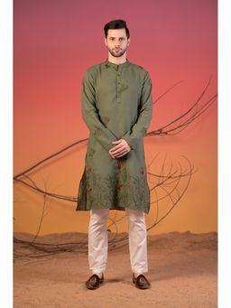 Rangkathaa - Olive Cotton-Linen Kurta with and Trousers Set