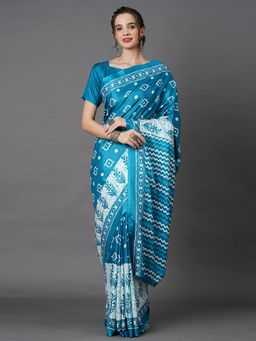 Akhilam - Women Silk Blend Turquoise Printed Designer Saree with Unstitched Blouse Piece
