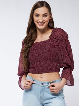 Magre - Womems Wine Polka Dot Smocked Crop Top