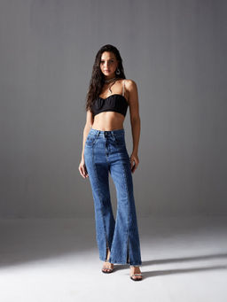 Miss Chase - Women Navy Blue Boot Cut High Rise Stretchable Denim Boot Cut Jeans