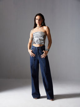 Miss Chase - Women Navy Blue Wide-Leg High-Rise Non-Stretchable Jeans