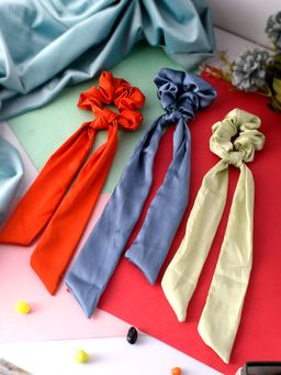 Silvermerc Designs - Women Green & Orange Coloured Satin Ponytail Holders (Set of 3)