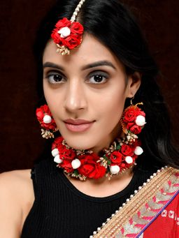 Silvermerc Designs - Traditional Bridal Red Floral Embellished Flower Jewellery Set with Maang Tikka