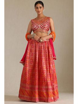 Soch - Women's Red Chinon Ethnic Motifs Lehenga Choli with Mirror Work (Set of 4)