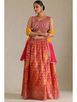 Soch - Women's Fuchsia Art Silk Ethnic Motifs Lehenga Choli with Mirror Work (Set of 4)