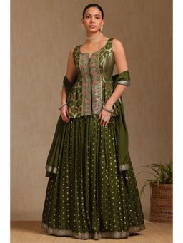 Soch - Women's Olive Brocade Woven Design Lehenga Choli with Cutdana (Set of 4)