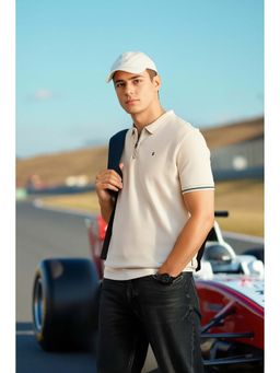 Louis Philippe - Beige Cotton Blend Half Sleeves Polo T-Shirt