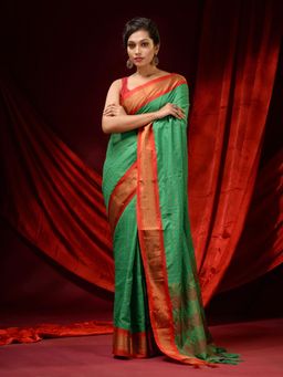 CHARUKRITI - Jade Green Cotton Silk Checkered Zari Border & Striped Pallu Saree with Unstitched Blouse